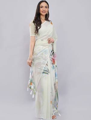 Off white georgette printed saree with blouse 2