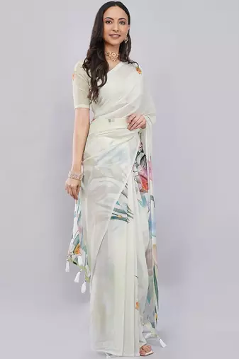 Off white georgette printed saree with blouse