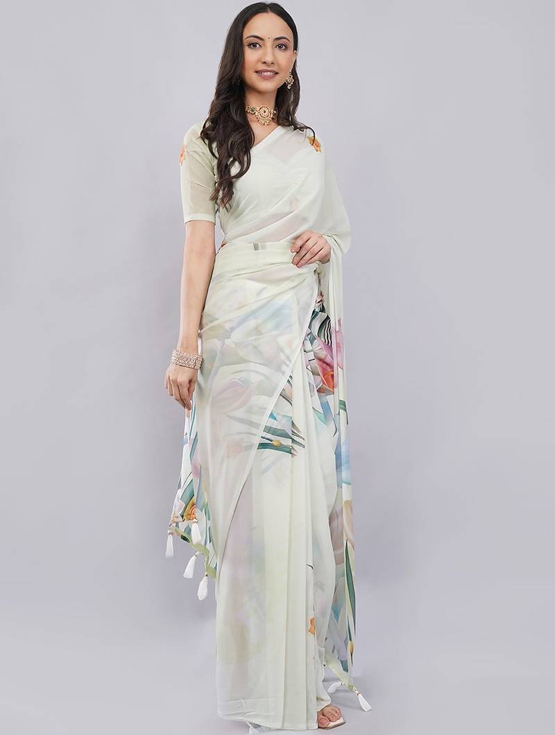 Off white georgette printed saree with blouse