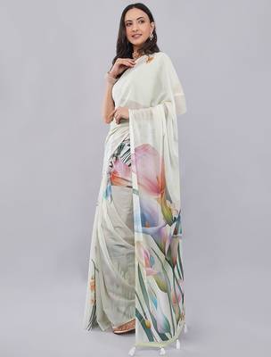 Off white georgette printed saree with blouse 3