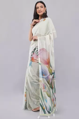 Off white georgette printed saree with blouse