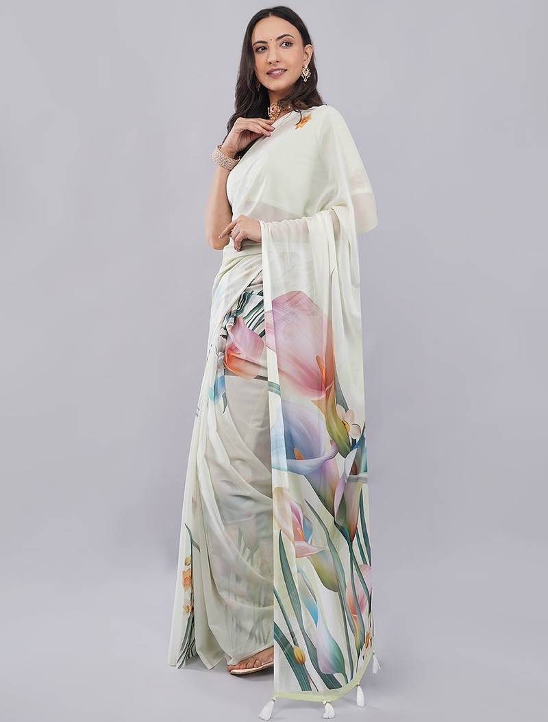 Off white georgette printed saree with blouse