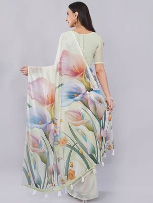 Off white georgette printed saree with blouse 4