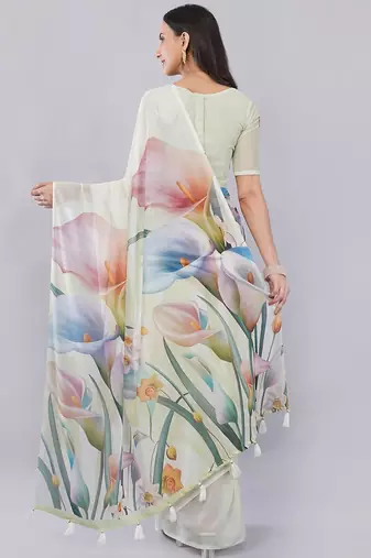 Off white georgette printed saree with blouse