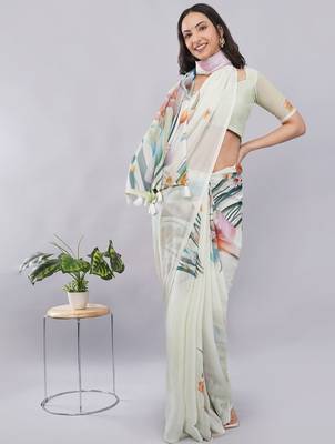 Off white georgette printed saree with blouse 5