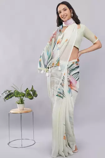 Off white georgette printed saree with blouse
