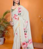 Off white pure linen printed saree with blouse