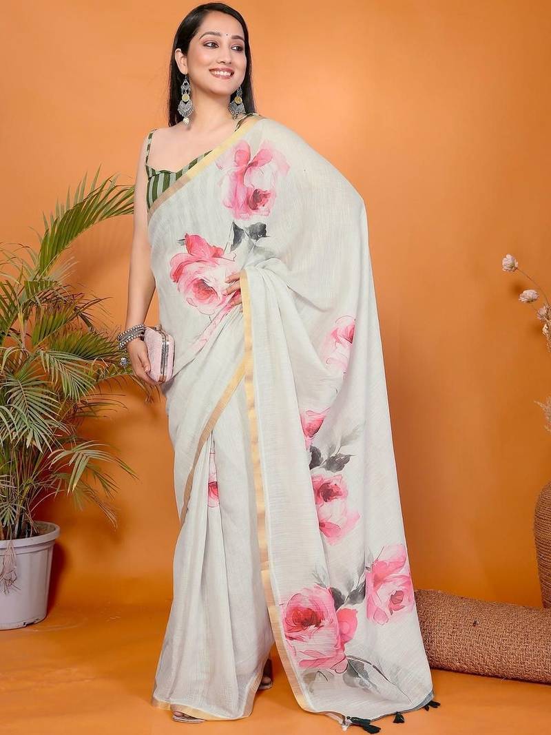 Off white pure linen printed saree with blouse