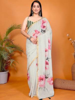 Off white pure linen printed saree with blouse 2