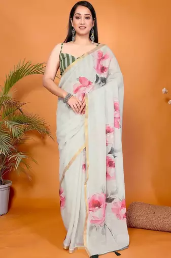 Off white pure linen printed saree with blouse