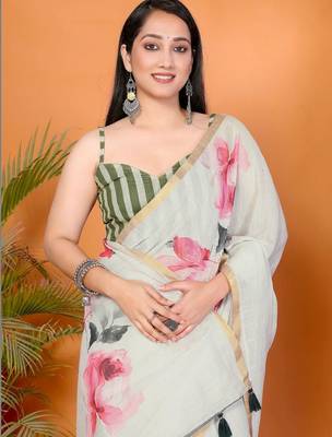 Off white pure linen printed saree with blouse 3