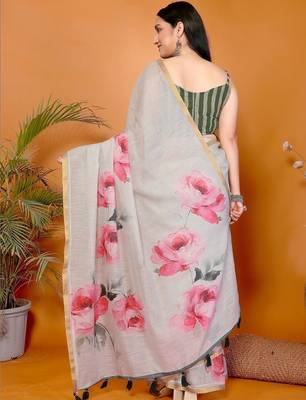 Off white pure linen printed saree with blouse 4