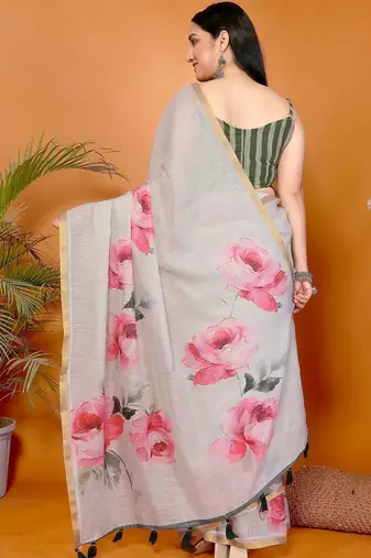 Off white pure linen printed saree with blouse