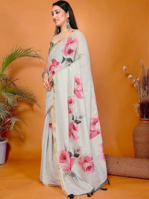 Off white pure linen printed saree with blouse 5