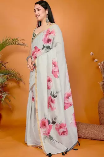 Off white pure linen printed saree with blouse