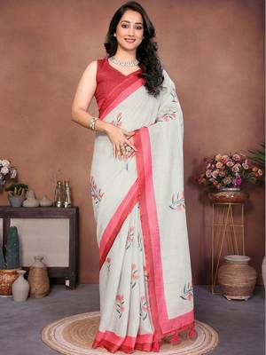Off white pure linen printed saree with blouse 1