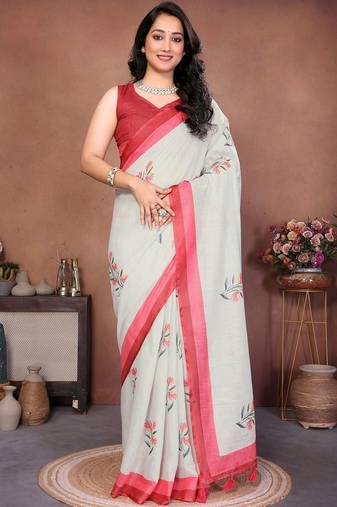 Off white pure linen printed saree with blouse