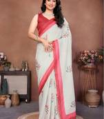 Off white pure linen printed saree with blouse