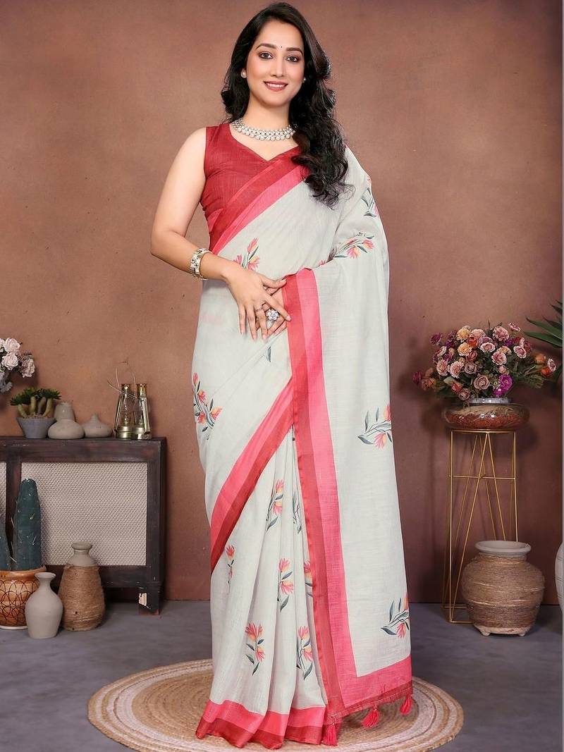 Off white pure linen printed saree with blouse