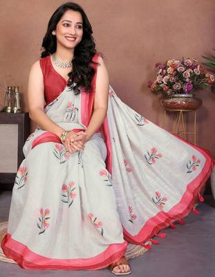 Off white pure linen printed saree with blouse 3