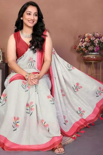 Off white pure linen printed saree with blouse