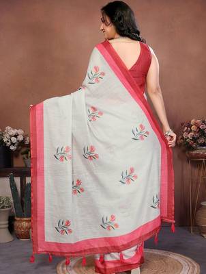 Off white pure linen printed saree with blouse 4