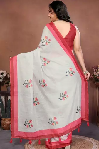 Off white pure linen printed saree with blouse