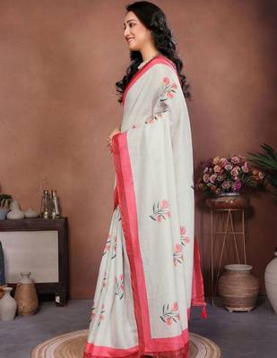 Off white pure linen printed saree with blouse 5