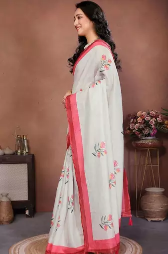 Off white pure linen printed saree with blouse