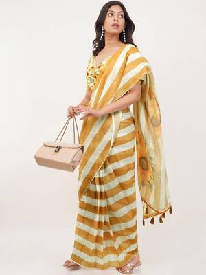 Yellow pure linen printed saree with blouse 1