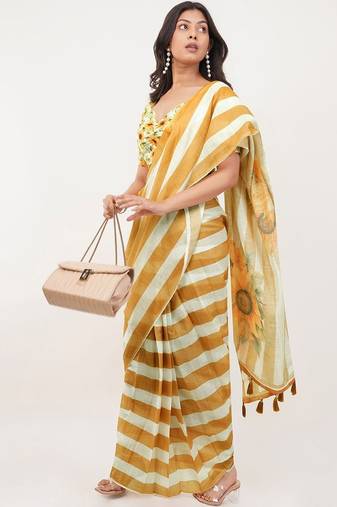 Yellow pure linen printed saree with blouse