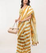 Yellow pure linen printed saree with blouse