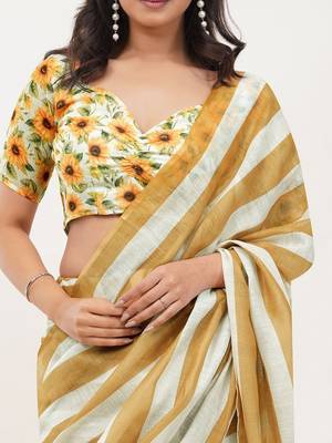 Yellow pure linen printed saree with blouse 2