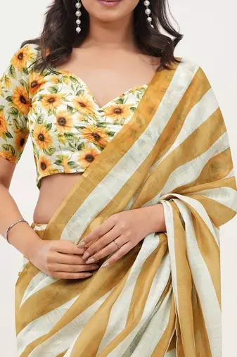 Yellow pure linen printed saree with blouse