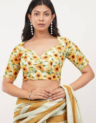 Yellow pure linen printed saree with blouse 3