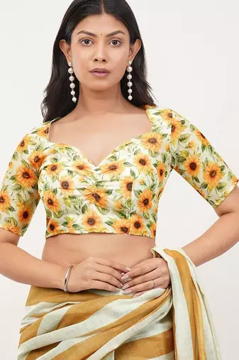 Yellow pure linen printed saree with blouse
