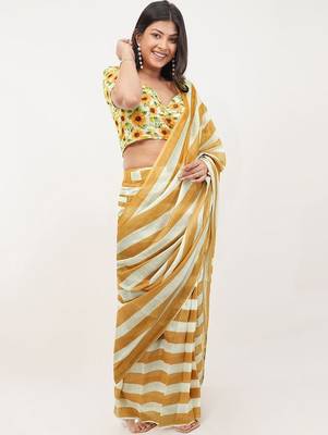 Yellow pure linen printed saree with blouse 4