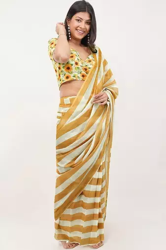 Yellow pure linen printed saree with blouse