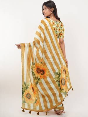Yellow pure linen printed saree with blouse 5