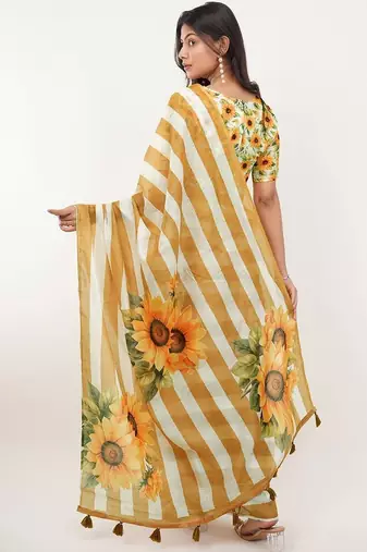 Yellow pure linen printed saree with blouse