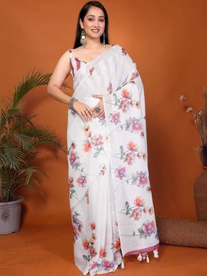 White pure linen printed saree with blouse 1
