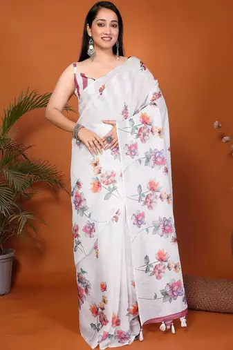 White pure linen printed saree with blouse
