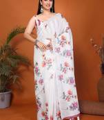 White pure linen printed saree with blouse