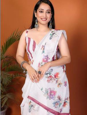 White pure linen printed saree with blouse 2