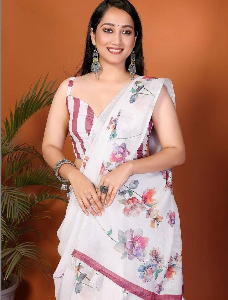 White pure linen printed saree with blouse
