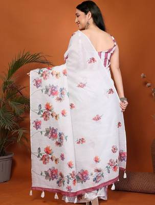 White pure linen printed saree with blouse 3