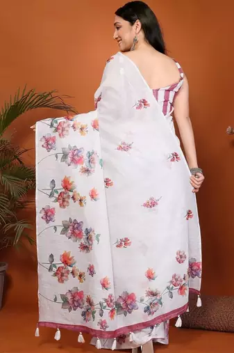 White pure linen printed saree with blouse