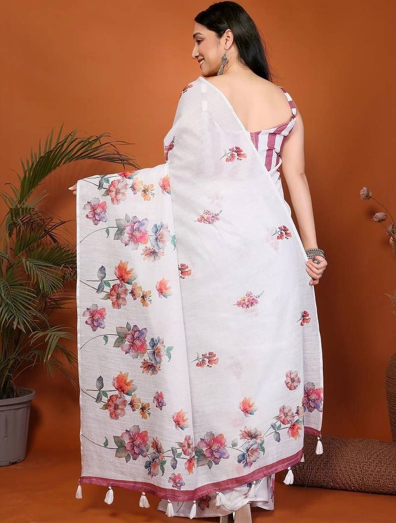 White pure linen printed saree with blouse