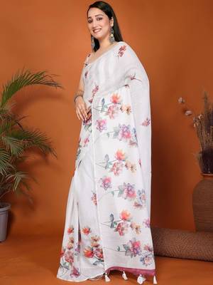White pure linen printed saree with blouse 4