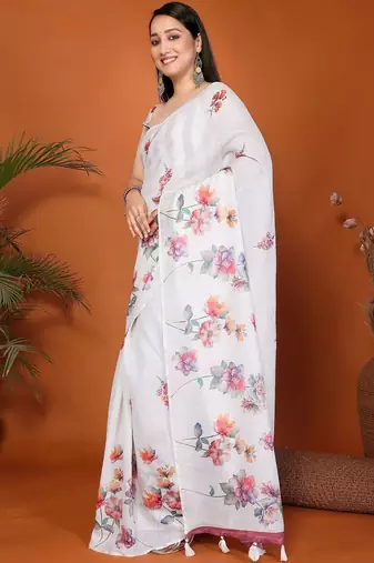 White pure linen printed saree with blouse